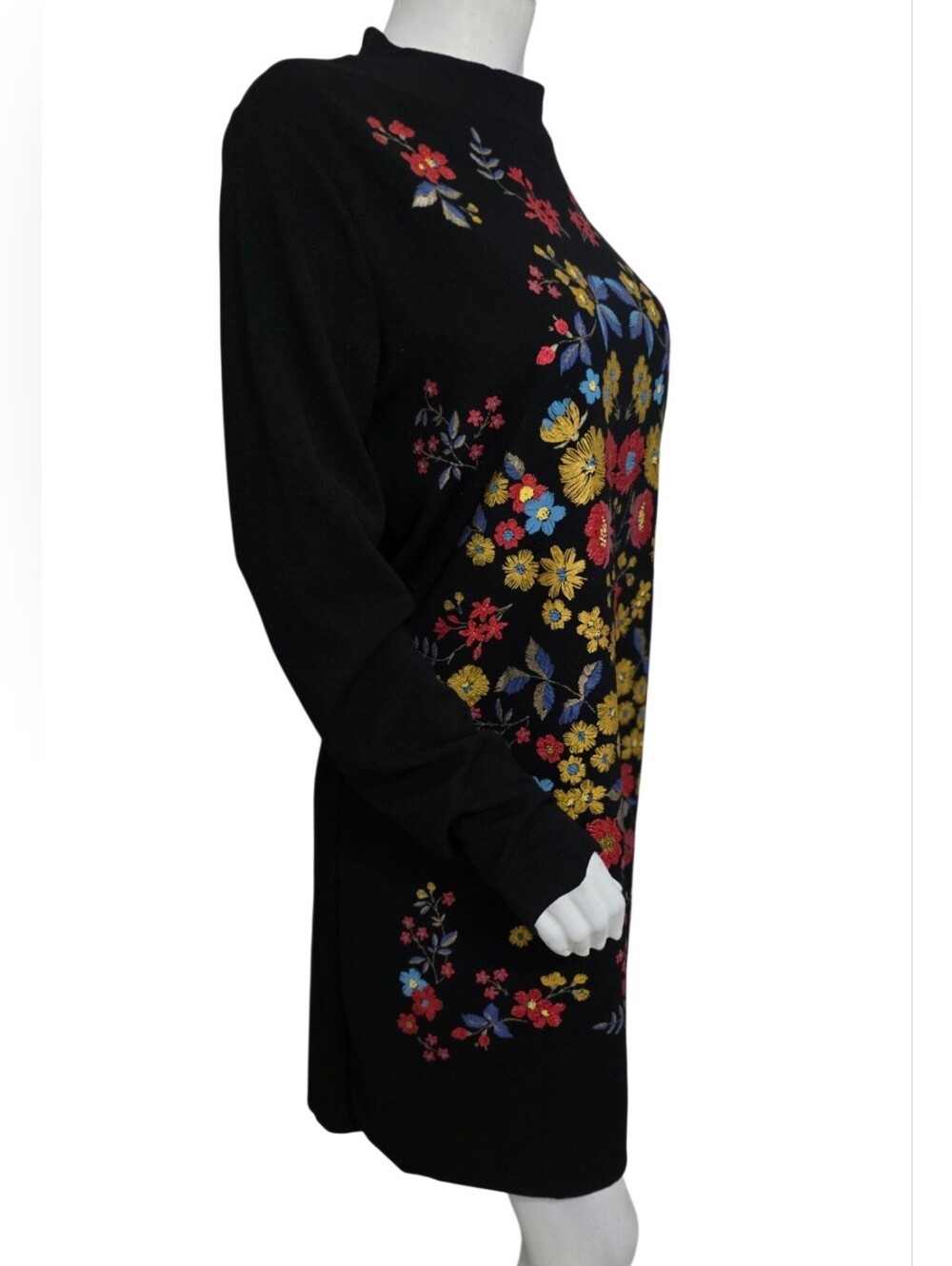 Zara Black Long-Sleeve Mini Dress with Multicolor Floral Embroidery Size L NWT - Picture 7 of 14
